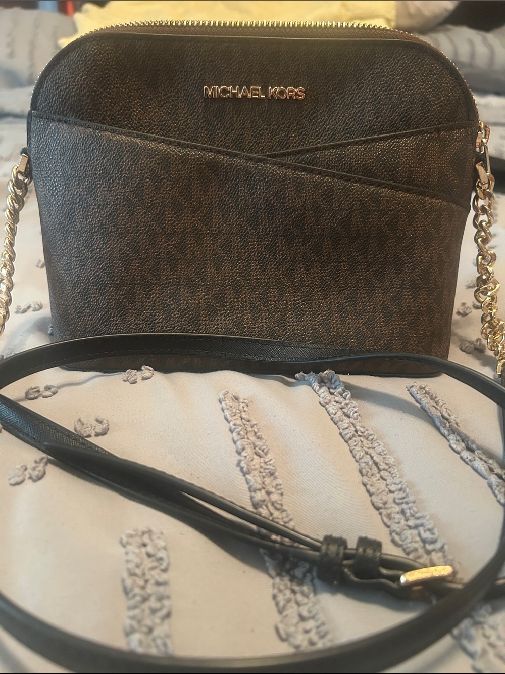 Michael Kors Brown Signature Dome Crossbody with Gold Hardware